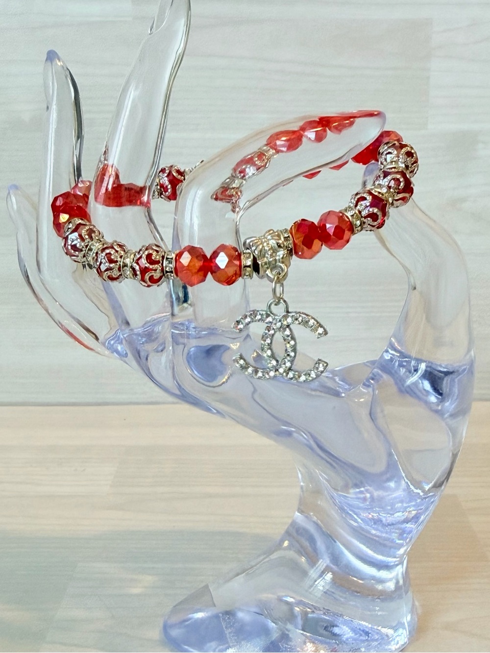 CC silver/Red Crystal Charm Bracelet with Rhinestone CC Pendant